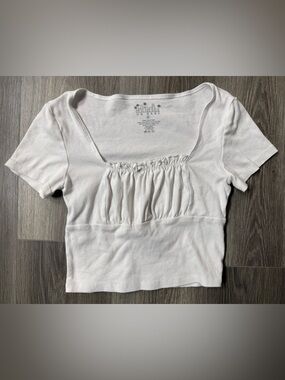 OG Babe White Ribbed Ruched Crop Top S Square Neck Baby Tee Cottagecore Y2K
